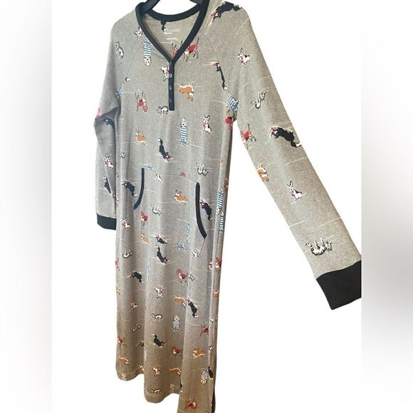 Comfort Code Sz XS Gray Puppy Dog Print Henley MIDI Cozy Sleep Pajama Shirt - Picture 3 of 8
